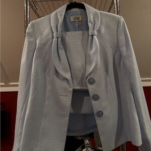Le Suit Women's Soft Blue Blazer with Button Accents and Skirt
